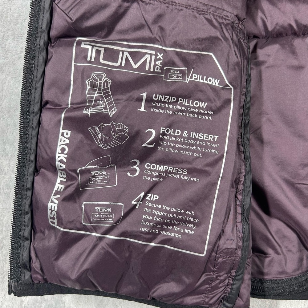 Tumi Pax Puffer Vest L Black Full Zip Down Feather Travel Packable Pillow Womens - Picture 5 of 9